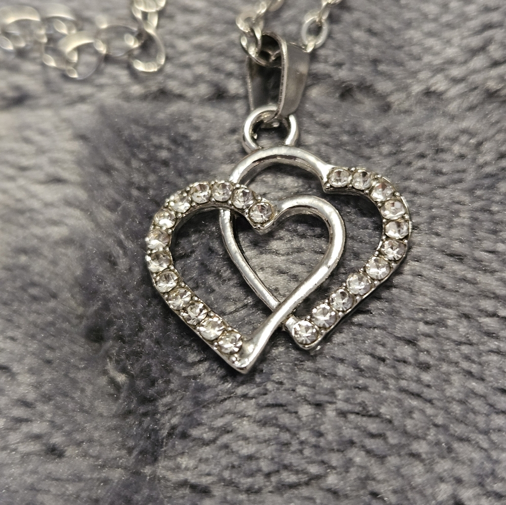 Double heart-shaped necklace - silver tone with rhinestones NWT